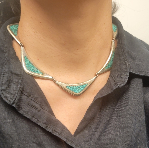 vintage Mexico sterling silver 925 turquoise chip inlay aztec motif necklace - Picture 4 of 12